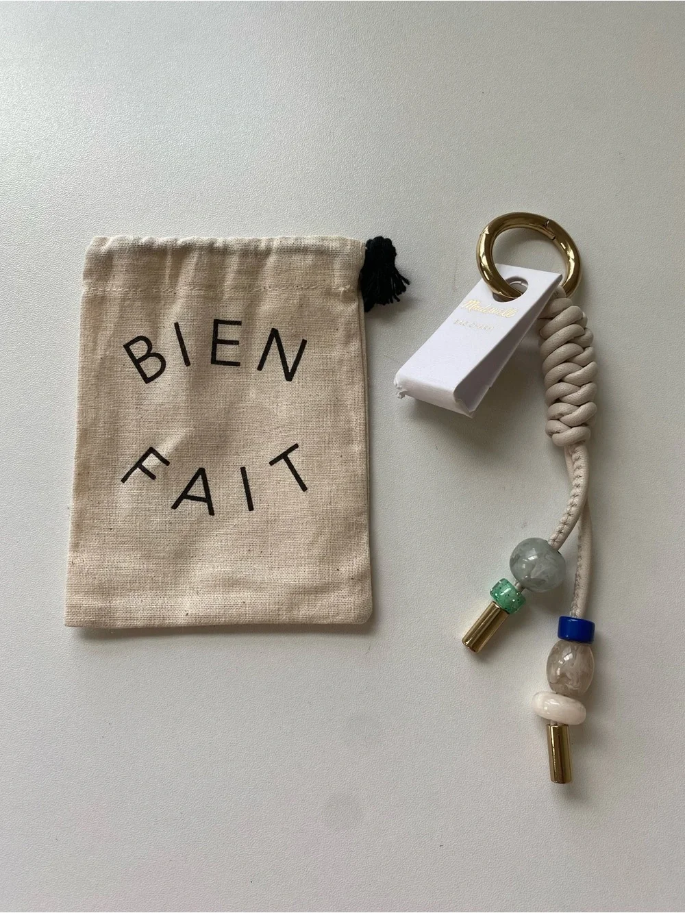 NWT Madewell Ivory Braided Leather Bag Charm with Blue and Green Beads